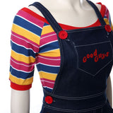 -Unique gender-swapped bishoujo style women's cosplay costume inspired by Chucky from the Child's Play series of horror films.Jean skirt dark denim overalls with Good Guys printed across the front and red buttons, striped knit shirt with three quarter sleeves and long red over-the-knee socks. Free Shipping. Halloween-