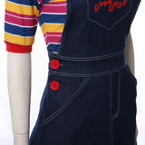 -Unique gender-swapped bishoujo style women's cosplay costume inspired by Chucky from the Child's Play series of horror films.Jean skirt dark denim overalls with Good Guys printed across the front and red buttons, striped knit shirt with three quarter sleeves and long red over-the-knee socks. Free Shipping. Halloween-