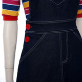-Unique gender-swapped bishoujo style women's cosplay costume inspired by Chucky from the Child's Play series of horror films.Jean skirt dark denim overalls with Good Guys printed across the front and red buttons, striped knit shirt with three quarter sleeves and long red over-the-knee socks. Free Shipping. Halloween-
