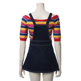 -Unique gender-swapped bishoujo style women's cosplay costume inspired by Chucky from the Child's Play series of horror films.Jean skirt dark denim overalls with Good Guys printed across the front and red buttons, striped knit shirt with three quarter sleeves and long red over-the-knee socks. Free Shipping. Halloween-
