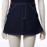 -Unique gender-swapped bishoujo style women's cosplay costume inspired by Chucky from the Child's Play series of horror films.Jean skirt dark denim overalls with Good Guys printed across the front and red buttons, striped knit shirt with three quarter sleeves and long red over-the-knee socks. Free Shipping. Halloween-