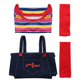 -Unique gender-swapped bishoujo style women's cosplay costume inspired by Chucky from the Child's Play series of horror films.Jean skirt dark denim overalls with Good Guys printed across the front and red buttons, striped knit shirt with three quarter sleeves and long red over-the-knee socks. Free Shipping. Halloween-