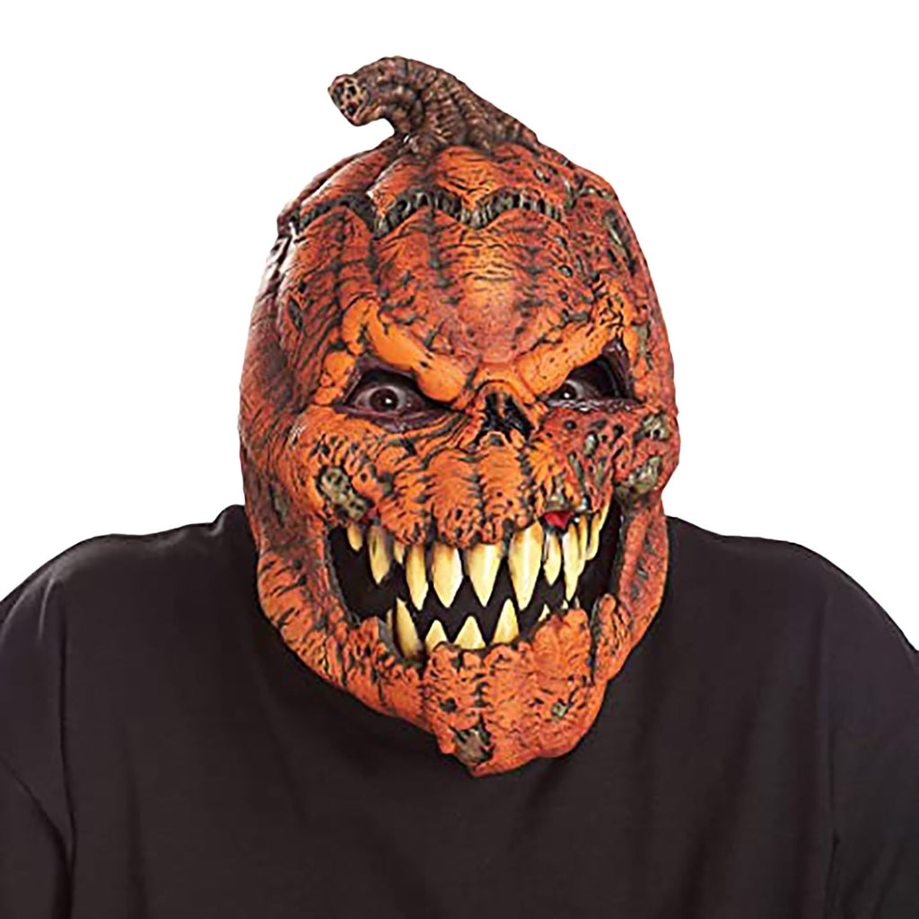 -High quality, detailed latex over-the-head rotting and toothy jack-o-lantern mask with movable mouth. Free shipping from abroad with average delivery to the USA of 2-3 weeks. Creepy funny bumpy pumpkin jackolantern halloween costume evil possessed pumpkinhead demon monster horror cosplay -