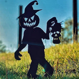 -Creepy cute horror kids silhouette sculptures. Strong, durable metal. Weatherproof, anti-corrosion black powder coating. Fun outdoor Halloween, horror fan or gothic home and garden decorations. Free shipping. yard decor zombie girl with doll or chainsaw pumpkin head & skull boy w/hellhound trick or treat lawn ornament-Pumpkin Head Carrying Skull-