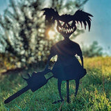 -Creepy cute horror kids silhouette sculptures. Strong, durable metal. Weatherproof, anti-corrosion black powder coating. Fun outdoor Halloween, horror fan or gothic home and garden decorations. Free shipping. yard decor zombie girl with doll or chainsaw pumpkin head & skull boy w/hellhound trick or treat lawn ornament-Zombie Girl with Chainsaw-