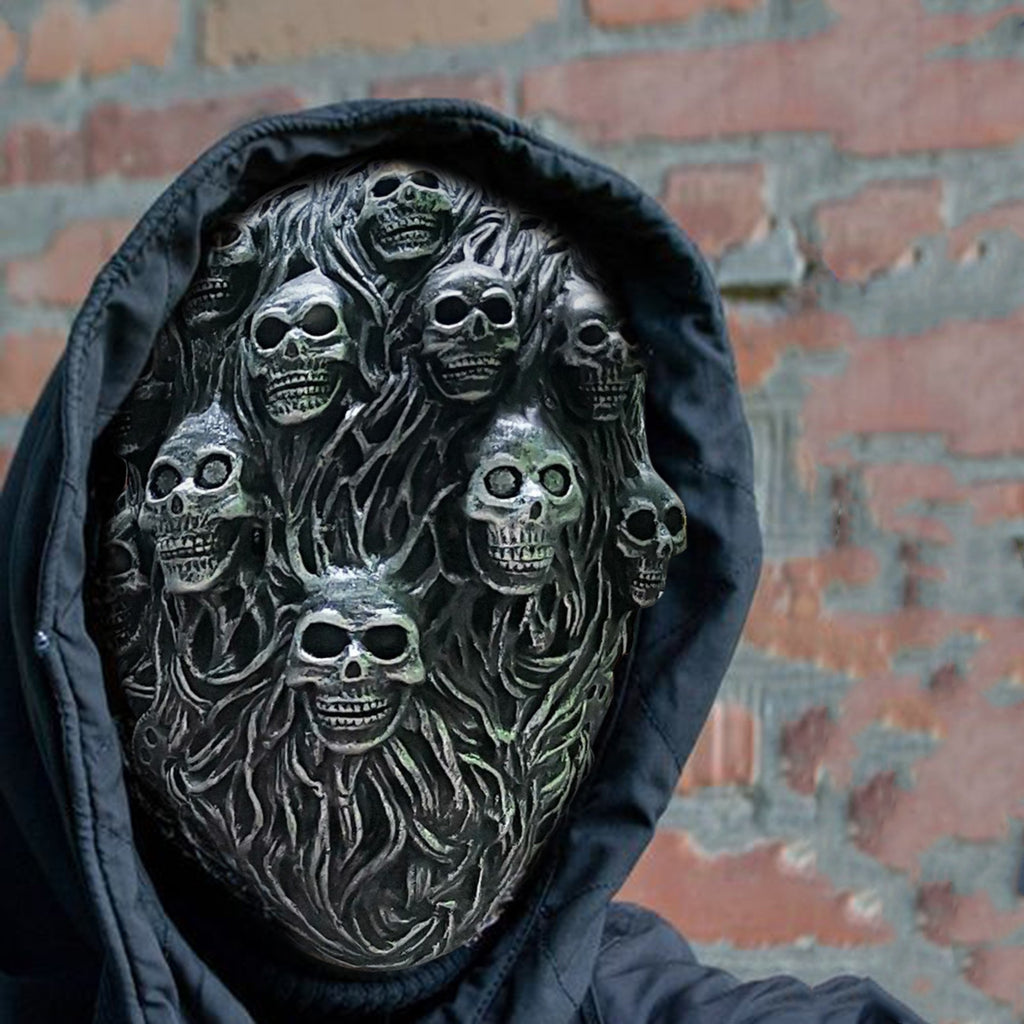 -Soft latex face mask with woven fiberous pattern and small skulls. One size fits most. Measures roughly 10x7.5in / 19x25cm. Free shipping. Masks shipped within the USA typically arrive in 1-2 weeks. Masks shipped from abroad typically arrive to the USA in 2-3 weeks.-