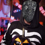 -Soft latex face mask with woven fiberous pattern and small skulls. One size fits most. Measures roughly 10x7.5in / 19x25cm. Free shipping. Masks shipped within the USA typically arrive in 1-2 weeks. Masks shipped from abroad typically arrive to the USA in 2-3 weeks.-