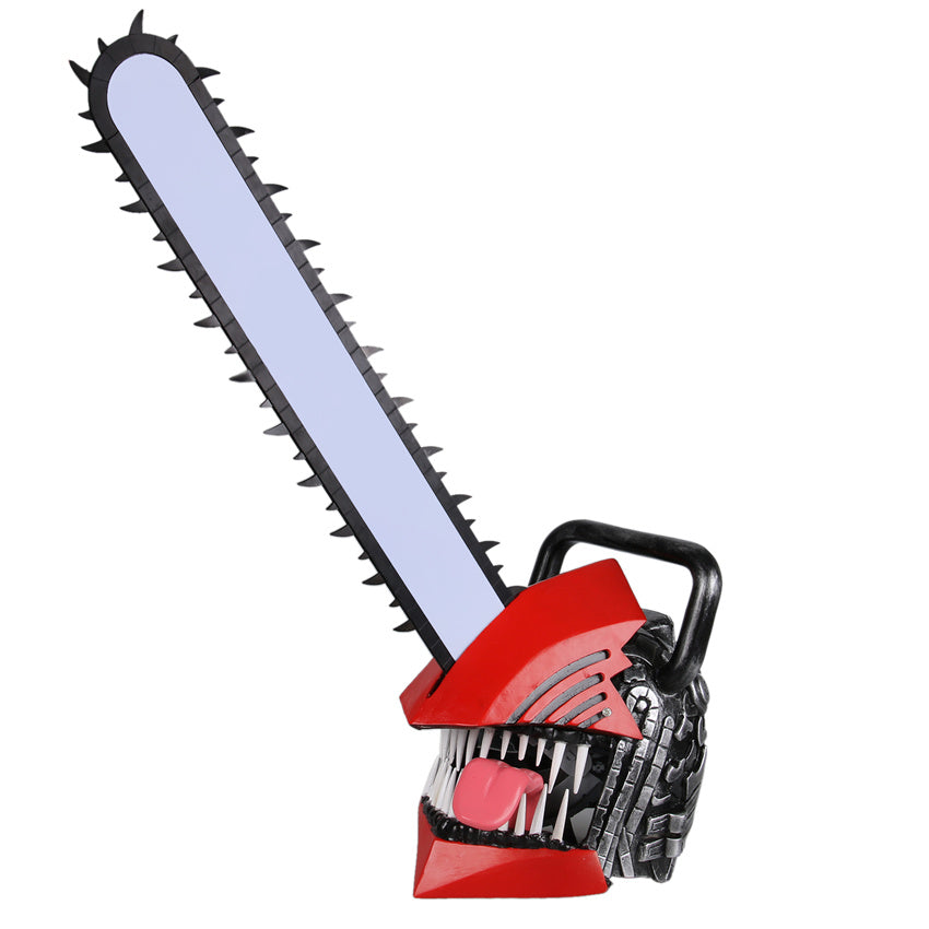 -High quality vinyl over-the-head (and over-the-top) Chainsaw Man Mask with detachable saw blade. Lifesize and suitable for display or cosplay and LARP. One size fits most adults. Free shipping. Unique manga anime bizarre prop replica LARP weapon halloween costume helmet public safety devil hunter denji chainsaw devil-