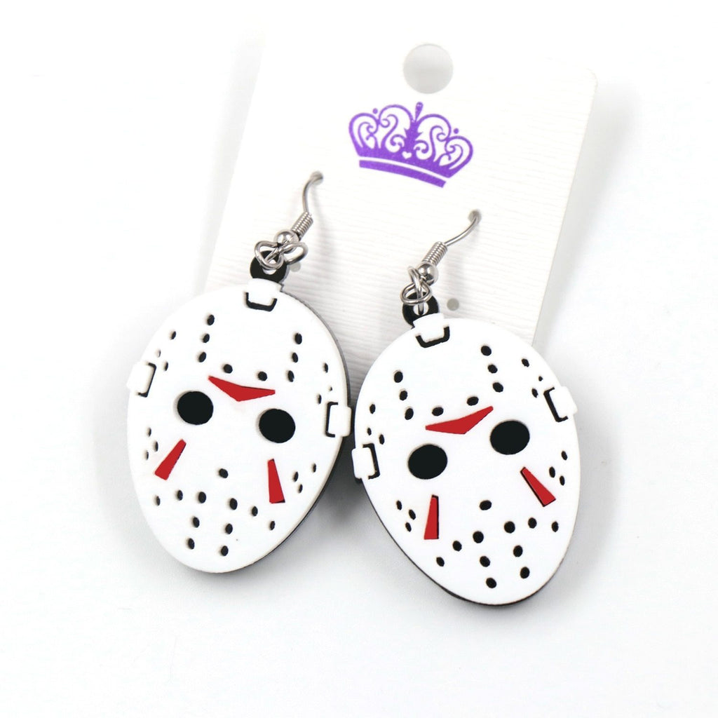 -Classic horror hockey mask drop / dangle earrings in acrylic. Each measures about 35x27mm on stainless steel ear wires. Free shipping from abroad with average delivery to the USA in 2-3 weeks. High quality jason 13th halloween friday movie mask goth gothic jewelry earrings fashion accessory-