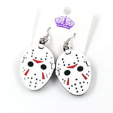 -Classic horror hockey mask drop / dangle earrings in acrylic. Each measures about 35x27mm on stainless steel ear wires. Free shipping from abroad with average delivery to the USA in 2-3 weeks. High quality jason 13th halloween friday movie mask goth gothic jewelry earrings fashion accessory-