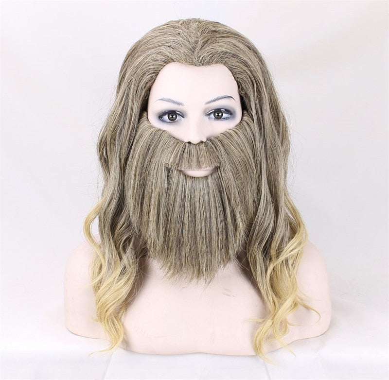 -45cm curly blonde, heat resistant synthetic hair wig and beard set for costume and cosplay. One size fits most. Beard is attached with an adjustable elastic strap. Free shipping from abroad with average delivery to the US in 2-4 weeks. Funny endgame unisex plus size halloween costume-