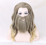 -45cm curly blonde, heat resistant synthetic hair wig and beard set for costume and cosplay. One size fits most. Beard is attached with an adjustable elastic strap. Free shipping from abroad with average delivery to the US in 2-4 weeks. Funny endgame unisex plus size halloween costume-
