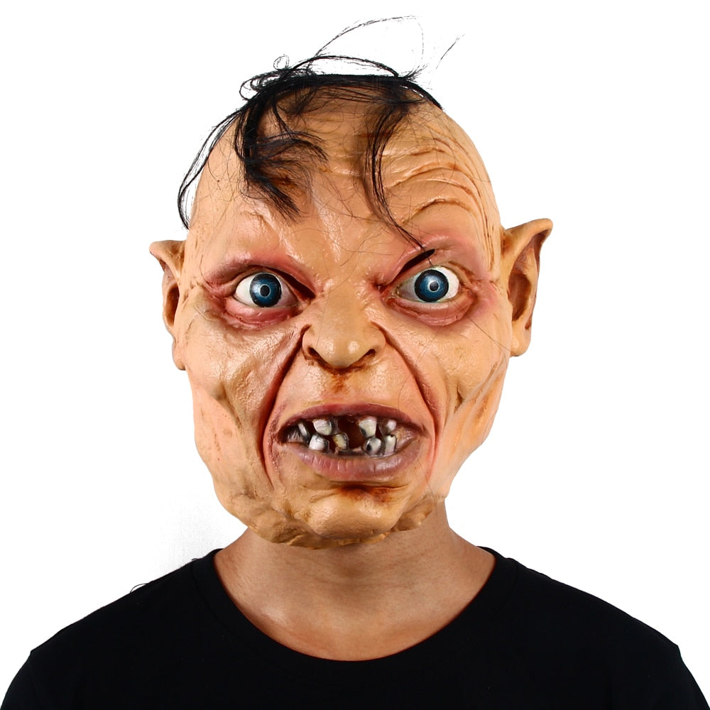 -After losing the precious, smeagol put on a few pounds & spent quite some time in a greasy middle earth dive bars downing pints and lengthily cursing about filthy hobbitses to anyone who'd listen. Funny latex over-the-head mask with attached hair. Free shipping. weird lotr gollum derp halloween costume cosplay-