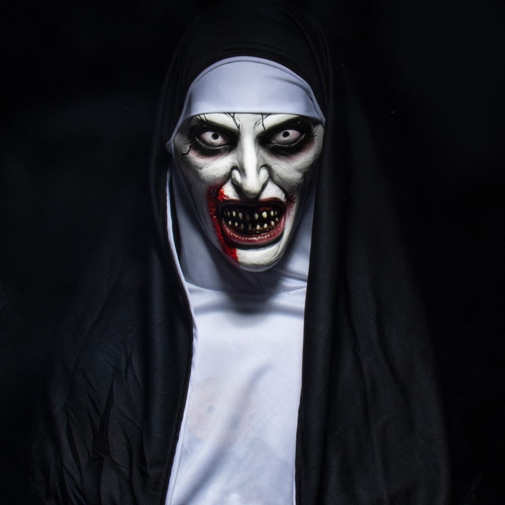 -High quality soft latex over-the-head mask with attached fabric scapular and cowl. One size fits most. Free shipping. Halloween costume conjuring satan horror cosplay terrifying scary catholic christian religious sacrilegious demonic frightening universe murderous horrifying evil habit nun movie series possessed -