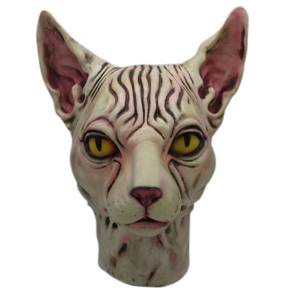 -Quality latex over-the-head Sphynx hairless cat breed mask. One size fits most. Free shipping. All profits from sales of this mask will inevitably go to meet the continual demands of our very own Ichabod Spinx! Funny unique wrinkly kitty un-furry weird halloween costume animal cosplay mask creepy cat overhead -