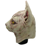 -Quality latex over-the-head Sphynx hairless cat breed mask. One size fits most. Free shipping. All profits from sales of this mask will inevitably go to meet the continual demands of our very own Ichabod Spinx! Funny unique wrinkly kitty un-furry weird halloween costume animal cosplay mask creepy cat overhead -