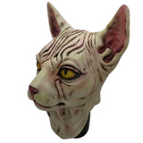 -Quality latex over-the-head Sphynx hairless cat breed mask. One size fits most. Free shipping. All profits from sales of this mask will inevitably go to meet the continual demands of our very own Ichabod Spinx! Funny unique wrinkly kitty un-furry weird halloween costume animal cosplay mask creepy cat overhead -