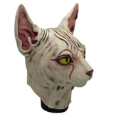 -Quality latex over-the-head Sphynx hairless cat breed mask. One size fits most. Free shipping. All profits from sales of this mask will inevitably go to meet the continual demands of our very own Ichabod Spinx! Funny unique wrinkly kitty un-furry weird halloween costume animal cosplay mask creepy cat overhead -
