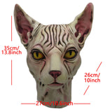 -Quality latex over-the-head Sphynx hairless cat breed mask. One size fits most. Free shipping. All profits from sales of this mask will inevitably go to meet the continual demands of our very own Ichabod Spinx! Funny unique wrinkly kitty un-furry weird halloween costume animal cosplay mask creepy cat overhead -