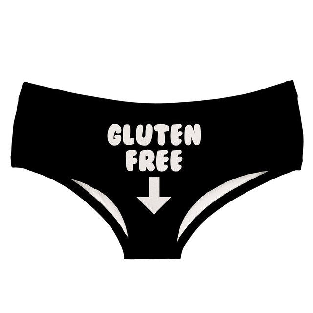 -Comfortable, women's black low-rise briefs with playfully sexy Gluten Free printed on the front with an arrow pointing down... because, after all, it's an important part of ANY vagitarian diet! Lightweight and breathable, 92% polyester/8% spandex.Free shipping. Funny naughty oral sex joke parody underwear lingerie -Black-L-