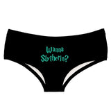 -Naughty sex wizard punderwear!! Perfect for those with a taste for the dark arts! Comfortable, women's black low-rise briefs with Wanna Slytherin? printed on the front. Lightweight and breathable, 92% polyester / 8% spandex. Free shipping. Funny ladies dirty joke potter parody punderpants sexy cosplay underwear gift-Black-S-