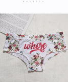 -Kinky, soft and comfortable, women's hip cut briefs with floral pattern and 'Whore' on the front in script lettering. Lightweight and breathable, 95% polyester / 5% spandex. Free shipping. Naughty sexy dirty girl funny kink womens juniors briefs underwear lingerie sexual humor gift-