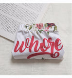 -Kinky, soft and comfortable, women's hip cut briefs with floral pattern and 'Whore' on the front in script lettering. Lightweight and breathable, 95% polyester / 5% spandex. Free shipping. Naughty sexy dirty girl funny kink womens juniors briefs underwear lingerie sexual humor gift-