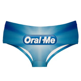 -Super soft and stretchy women's mid-rise briefs with Oral Me parody print on the front and Recharge My Smile on the reverse. 92% Polyester, 8% Spandex. One size to fit 66-80cm waist, 96-116cm hips. Free shipping. Funny sexy retro y2k 90s advertising parody oral sex joke lingerie gift underwear dirty naughty kinky girl-
