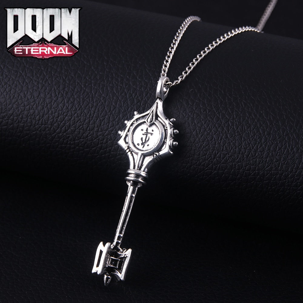 -High quality Doom Eternal Slayer Key necklace. Full size 3D replica key pendant measures roughly 6.8x2.1cm / 2.7x0.83in. Free shipping with average delivery in 2 weeks. Doom series videogame gamer gaming prop replica collectors accessory jewelry demon hellspawn hell door doomguy UAC space marine gift stocking stuffer.-