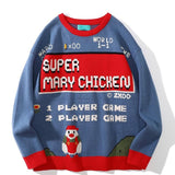 -Unique, soft and comfortable unisex knit pullover sweater. See size chart. Free shipping from abroad. Bizarre wtf alternate reality retro vintage videogame parody harajuku Japanese streetwear videogame jumper super mary weird mario chicken parody 8bit 16bit gamer gaming fried chicken mens womens sweater-Blue-M-