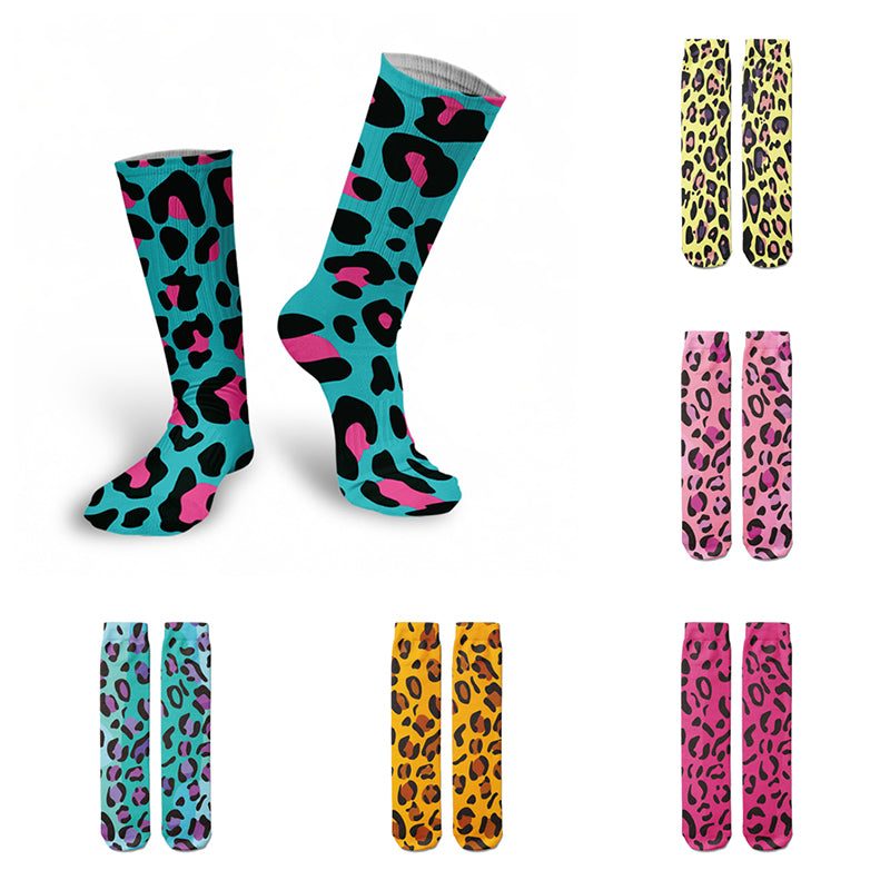 -High quality, mid-calf length socks featuring classic bright and boldly colored retro leopard print. Soft and comfortable, one size fits most teens and adults. Free shipping. Unisex mens womens 80s 90s eighties 90s new wave frank memphis color animal print lisa vintage style streetwear skating skate punk pop wild rad-