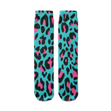 -High quality, mid-calf length socks featuring classic bright and boldly colored retro leopard print. Soft and comfortable, one size fits most teens and adults. Free shipping. Unisex mens womens 80s 90s eighties 90s new wave frank memphis color animal print lisa vintage style streetwear skating skate punk pop wild rad-