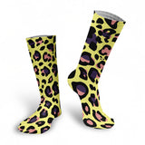 -High quality, mid-calf length socks featuring classic bright and boldly colored retro leopard print. Soft and comfortable, one size fits most teens and adults. Free shipping. Unisex mens womens 80s 90s eighties 90s new wave frank memphis color animal print lisa vintage style streetwear skating skate punk pop wild rad-