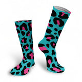 -High quality, mid-calf length socks featuring classic bright and boldly colored retro leopard print. Soft and comfortable, one size fits most teens and adults. Free shipping. Unisex mens womens 80s 90s eighties 90s new wave frank memphis color animal print lisa vintage style streetwear skating skate punk pop wild rad-