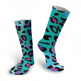 -High quality, mid-calf length socks featuring classic bright and boldly colored retro leopard print. Soft and comfortable, one size fits most teens and adults. Free shipping. Unisex mens womens 80s 90s eighties 90s new wave frank memphis color animal print lisa vintage style streetwear skating skate punk pop wild rad-