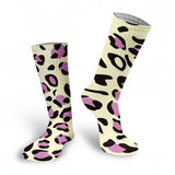 -High quality, mid-calf length socks featuring classic bright and boldly colored retro leopard print. Soft and comfortable, one size fits most teens and adults. Free shipping. Unisex mens womens 80s 90s eighties 90s new wave frank memphis color animal print lisa vintage style streetwear skating skate punk pop wild rad-