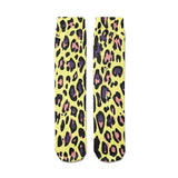 -High quality, mid-calf length socks featuring classic bright and boldly colored retro leopard print. Soft and comfortable, one size fits most teens and adults. Free shipping. Unisex mens womens 80s 90s eighties 90s new wave frank memphis color animal print lisa vintage style streetwear skating skate punk pop wild rad-