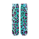 -High quality, mid-calf length socks featuring classic bright and boldly colored retro leopard print. Soft and comfortable, one size fits most teens and adults. Free shipping. Unisex mens womens 80s 90s eighties 90s new wave frank memphis color animal print lisa vintage style streetwear skating skate punk pop wild rad-