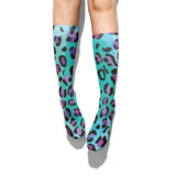 -High quality, mid-calf length socks featuring classic bright and boldly colored retro leopard print. Soft and comfortable, one size fits most teens and adults. Free shipping. Unisex mens womens 80s 90s eighties 90s new wave frank memphis color animal print lisa vintage style streetwear skating skate punk pop wild rad-