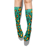 -High quality, mid-calf length socks featuring classic bright and boldly colored retro leopard print. Soft and comfortable, one size fits most teens and adults. Free shipping. Unisex mens womens 80s 90s eighties 90s new wave frank memphis color animal print lisa vintage style streetwear skating skate punk pop wild rad-
