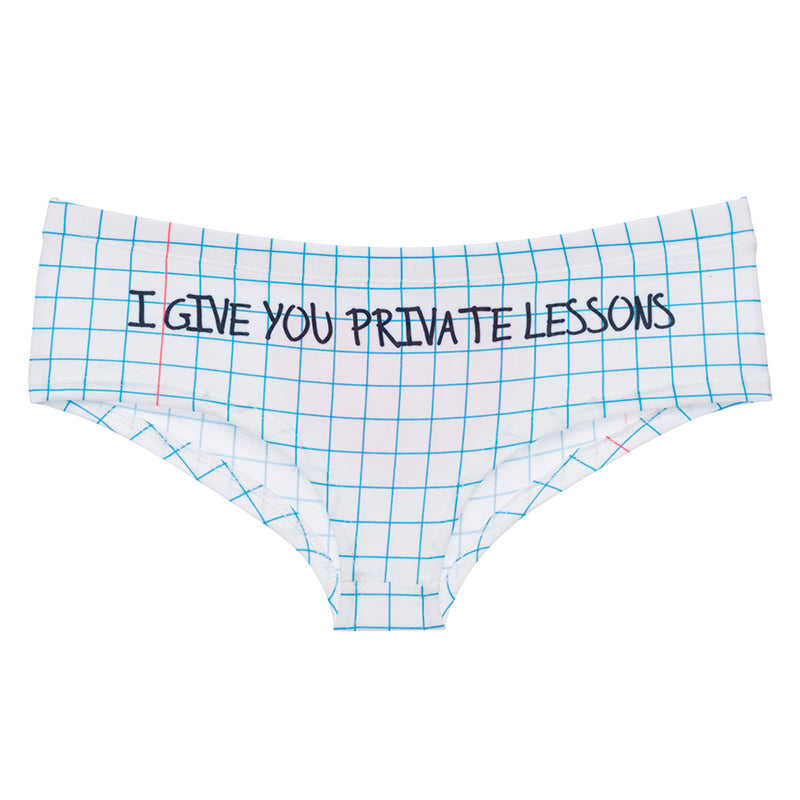 -Funny, super cute, soft and stretchy women's mid-rise briefs with printed grid paper pattern. "I Give You Private Lessons" on front, kawaii sketched & scribbled pink heart on rear. One size. Free shipping. RPG instructor anime manga math sexy tutor teacher student roleplaying kinky butt hip briefs dungeon master mommy-