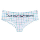 -Funny, super cute, soft and stretchy women's mid-rise briefs with printed grid paper pattern. "I Give You Private Lessons" on front, kawaii sketched & scribbled pink heart on rear. One size. Free shipping. RPG instructor anime manga math sexy tutor teacher student roleplaying kinky butt hip briefs dungeon master mommy-