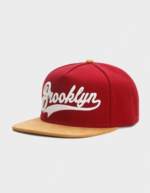Classic Brooklyn Fastball Script Cap, Red and Tan Faux Suede, Hiphop-
