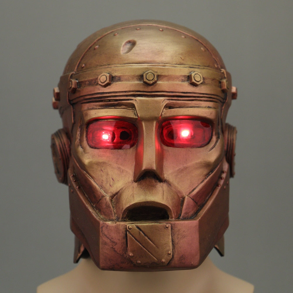 -High quality latex over-the-head Robotman mask with bronze metallic finish and red LED eyes. One size fits most. Free shipping from abroad with an average delivery time to the USA of about 2 weeks. Halloween costume cosplay comic book tv series robot man mask doom metal man light up fast shipping character prop-