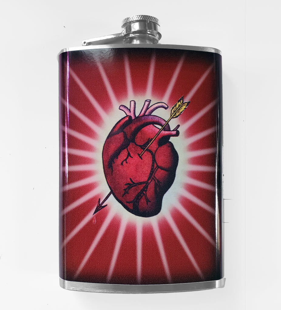 -Retired Retro-a-go-go "Eternal Love" flask. 8oz silver finish Stainless Steel Flask. Easy closure screw cap lid & waterproof vinyl artwork which fully wraps around the flask. Brand new. Ships from USA. retro graphic anatomical sacred heart pierced by gold arrow catholic ephemera rockabilly kustom kulture drinking gift.-
