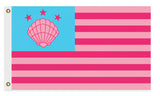 Barbieland Flag Prop Replica, Custom 3x2 or 5x3 ft High Quality Banner-Well made Barbieland seashell, stars and stripes national flag prop replica. Printed polyester,single or double sided w/blackout layer, grommets or pole sleeve. 3x2'/2x3' or 3x5'/5x3'. Funny pop culture girlpower summer president barbie cosplay birthday party supplies home decor dorm decoration wall hanging blue pink-3 ft x 2 ft-Standard-Grommets-