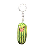 -Printed plush with attached ring for use with keys, backpack, as a zipper pull, etc. This item ships from abroad and averages 2-3 weeks for delivery to the USA.

green cucumber keychain plush weird freaky face wtf watermelon striped pickle novelty toy gift -H01-