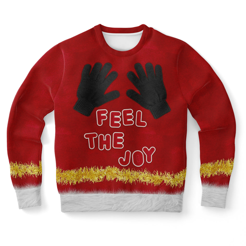 Naughty Feel The Joy Holiday Sweatshirt, All Over Print Unisex Jumper-Naughty "Feel The Joy" Ugly Sweater Print Sweatshirt. This jumper is crafted from a stretchy premium cotton, polyester and spandex blend with soft handfeel high definition printing. Free Shipping worldwide. Christmas holiday hands on chest dirty santa sexy elf mistletoe breasts unisex mens womens juniors-XS-