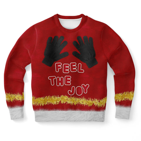 Naughty Feel The Joy Holiday Sweatshirt, All Over Print Unisex Jumper-Naughty "Feel The Joy" Ugly Sweater Print Sweatshirt. This jumper is crafted from a stretchy premium cotton, polyester and spandex blend with soft handfeel high definition printing. Free Shipping worldwide. Christmas holiday hands on chest dirty santa sexy elf mistletoe breasts unisex mens womens juniors-XS-