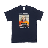 MAGA Mugshot Tee - Make America Great Again... Lock Him Up!-Soft 100% cotton Gildan fitted unisex graphic t-shirt. Made-to-order & shipped from the USA.
Trump for Prison, Criminal fascist treason January 6th 2021 capitol riot incitement sedition, insurrection, corrupt complicit GOP, pandemic politics Save Democracy VOTE Anti-Trump political protest tee -Navy-Small (S)-
